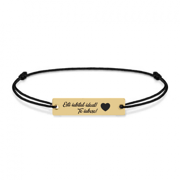Bratara argint tablita 30 mm si snur negru - personalizata cu text - placat cu aur galben de 24 karate Bratara argint tablita 30 mm si snur negru - personalizata cu text - placat cu aur galben de 24 karate